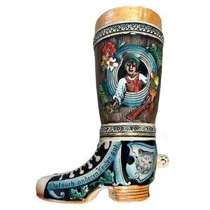 Vintage Boot Beer Stein Made In West Germany Octoberfest 9 3/4” Tall Mega Pint